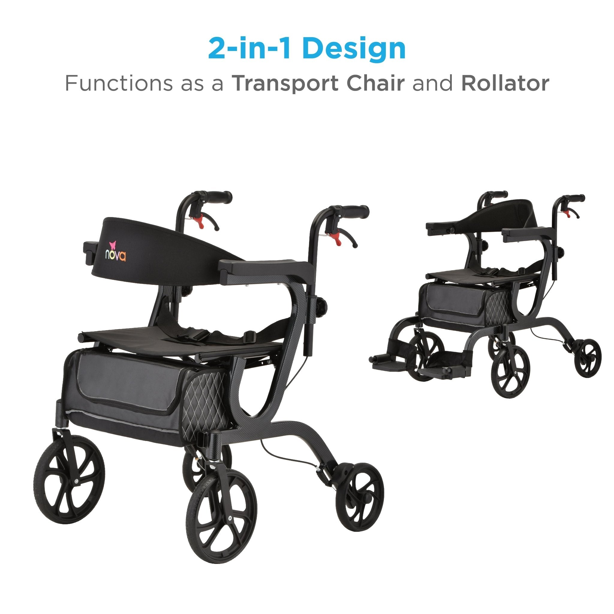 Nova Gemini 2 in 1 Rollator Transport Chair Black 4500BK | In - Store Item - Midwest DME Supply