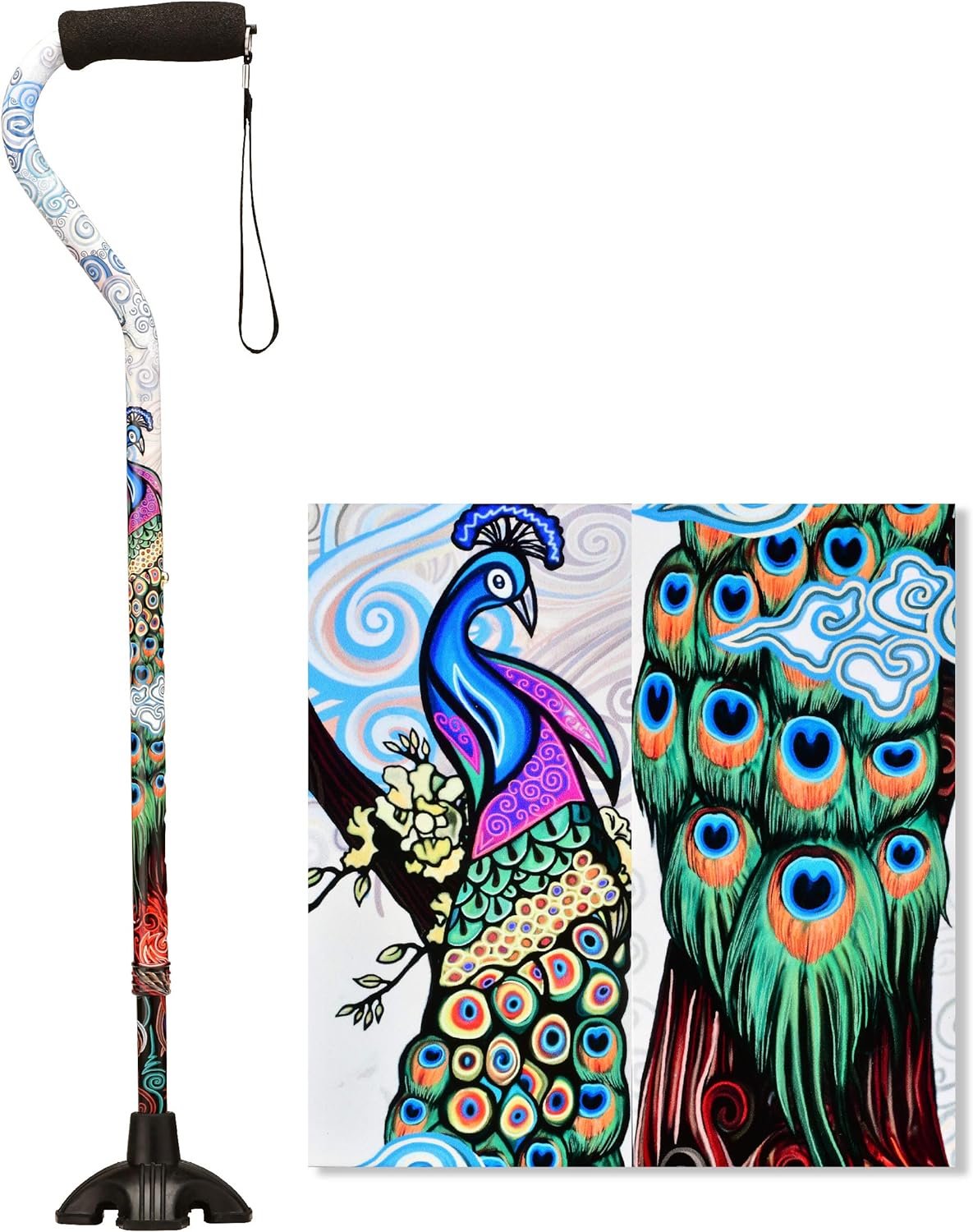 Nova Walking Cane Rubber Quad Tip Base Carrying Strap Proud Peacock | In - Store Item - Midwest DME Supply