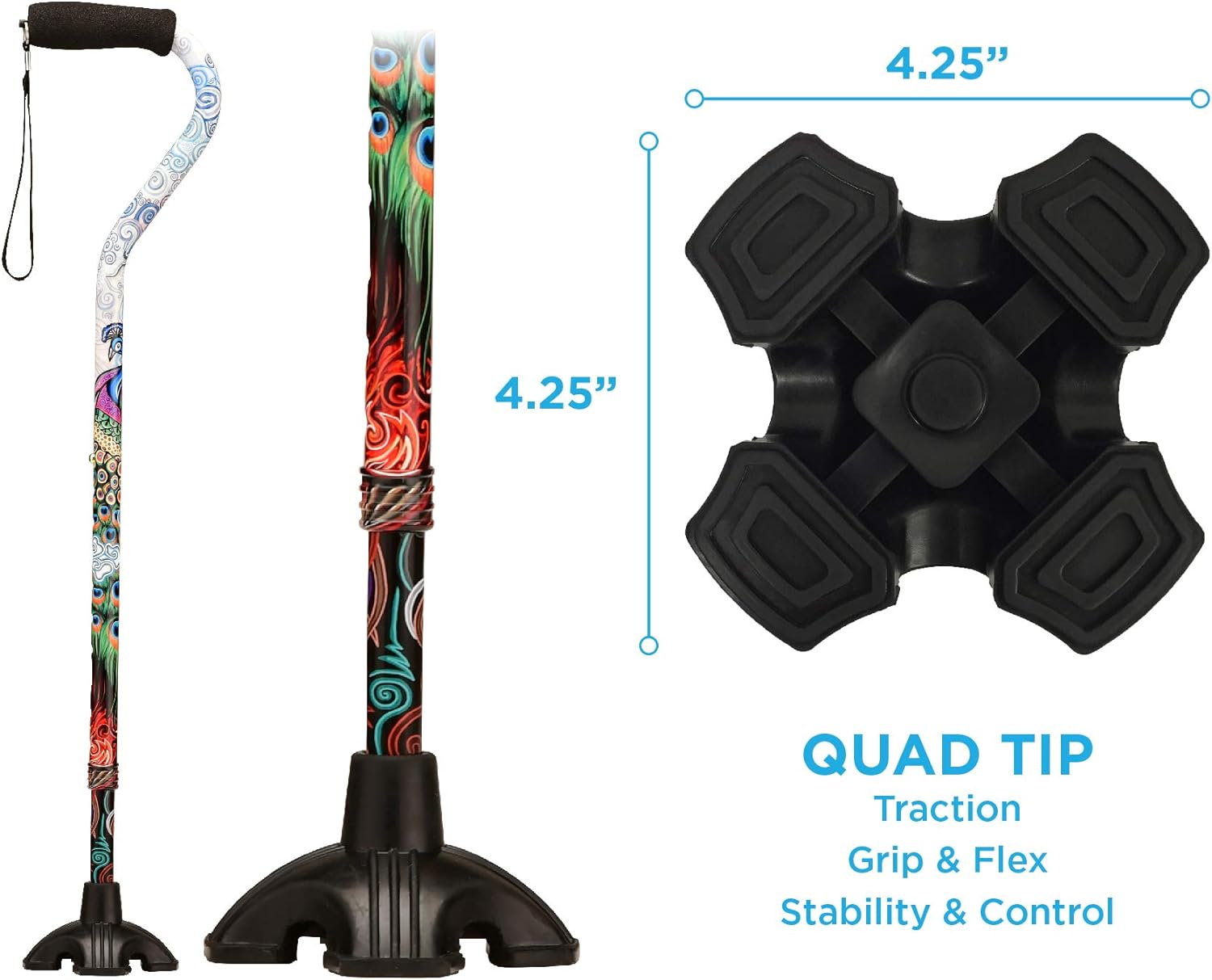 Nova Walking Cane Rubber Quad Tip Base Carrying Strap Proud Peacock | In - Store Item - Midwest DME Supply