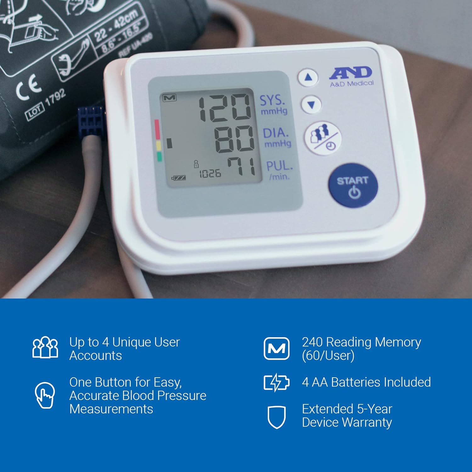 A&D Medical Premium Multi-User Upper Arm Cuff BP Machine (8.6-16.5"/22-42 cm) - Home BP Monitor, One-Click Operation, Digital LCD Screen - Up to 4 Users" - Midwest DME Supply
