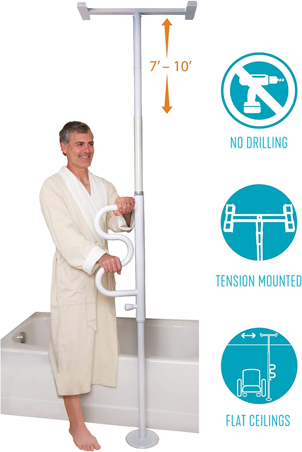 Stander Security Pole and Curve Grab Bar, Elderly Tension Mounted Floor to Ceiling Transfer Pole - Midwest DME Supply