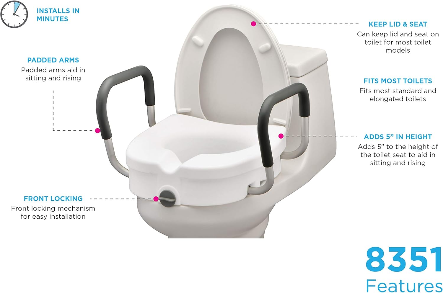 Nova Raised Toilet Seat with Arms (8351) - 5 Inch Rise Standard & Elongated Toilets - Midwest DME Supply